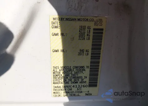 2015 Nissan Altima 2.5 S from USA, damaged, VIN 1N4AL3APXFC413260